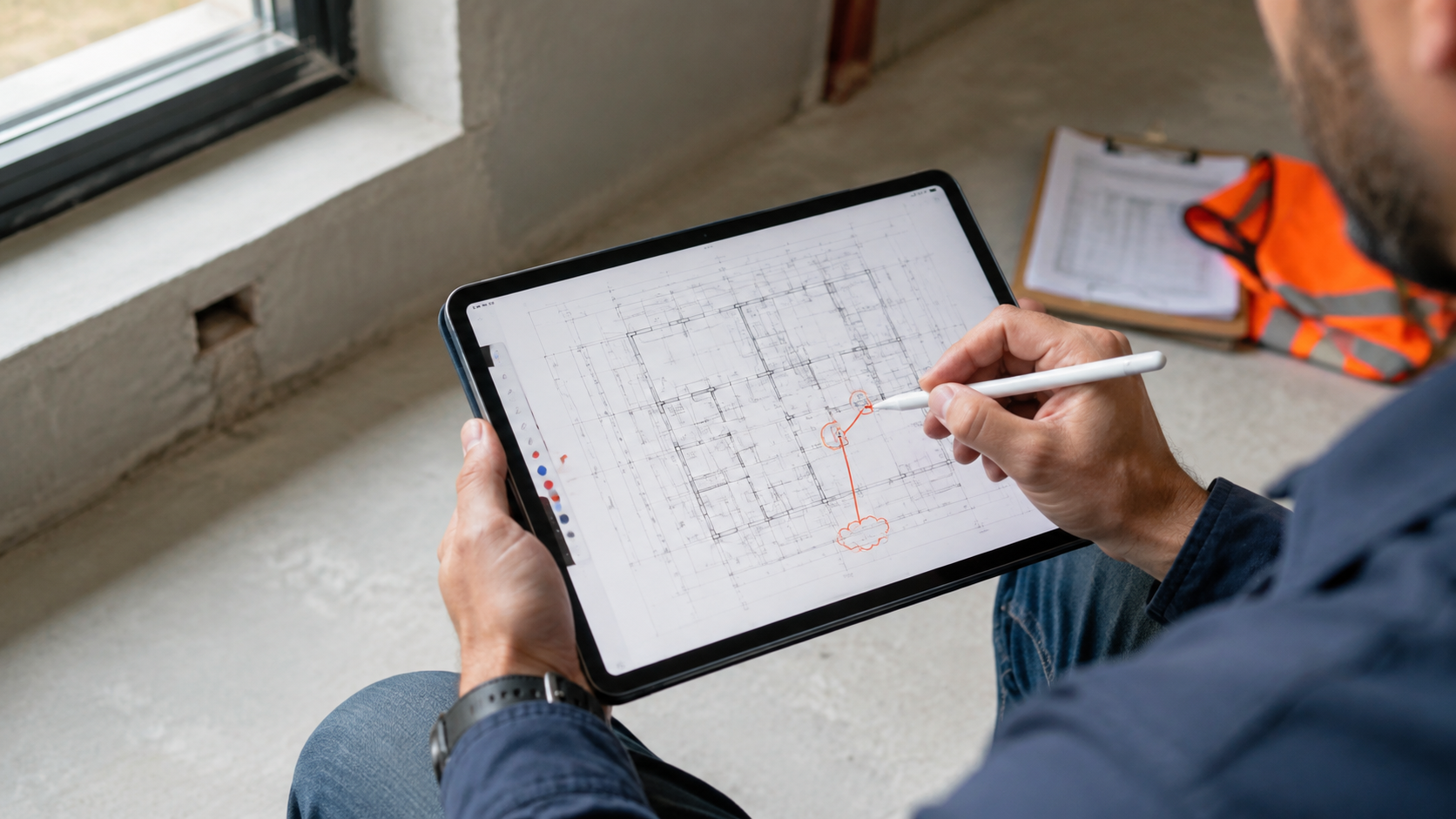Construction professional using an iPad and Apple Pencil to check a marked PDF plan during a site review