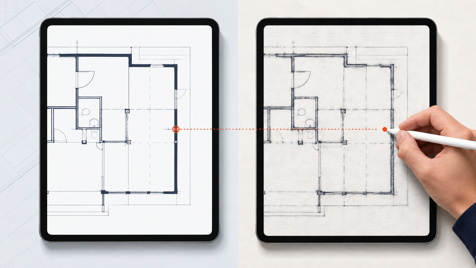 Side-by-side iPads showing a crisp vector PDF plan and a softer scanned plan with a manually placed measurement point