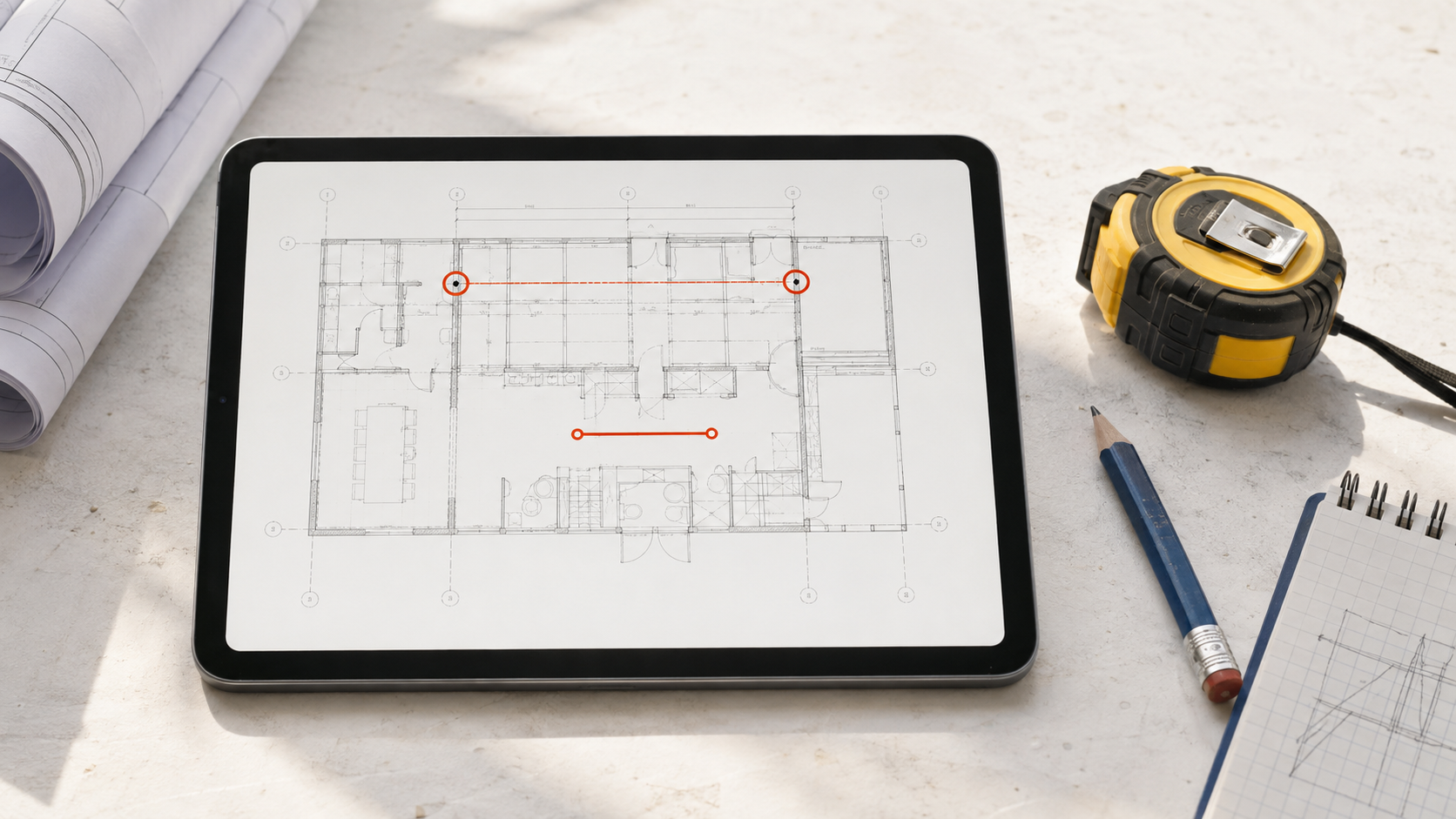 iPad showing a PDF floor plan with two calibration points beside a tape measure
