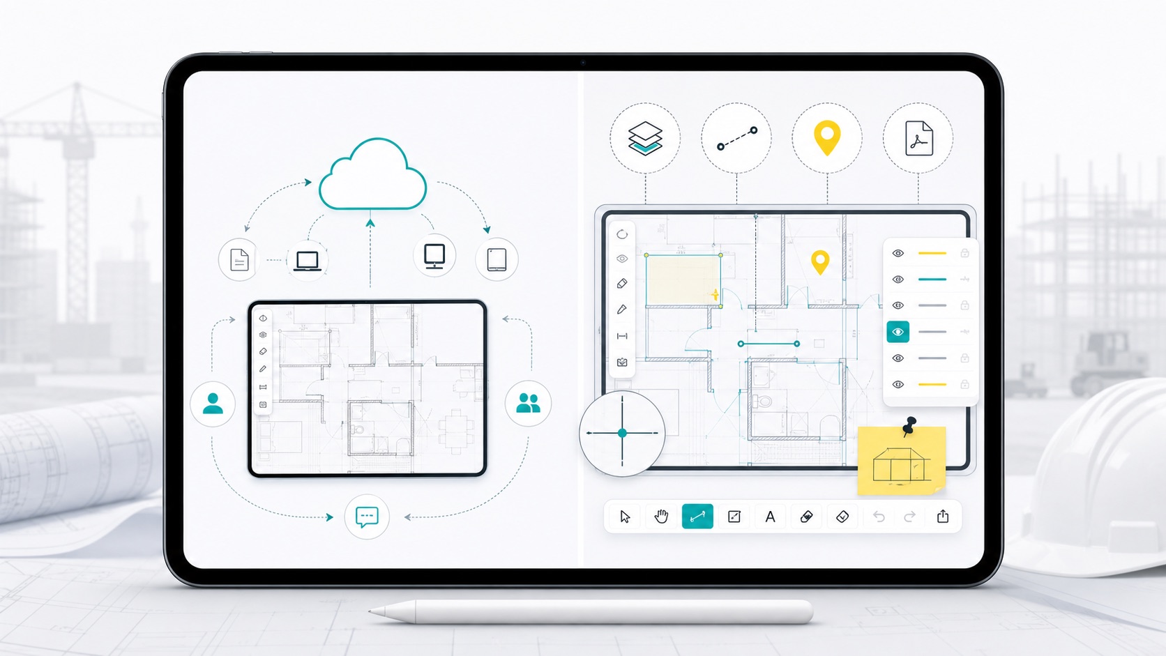 Illustration comparing cloud CAD collaboration with local iPad DWG field review