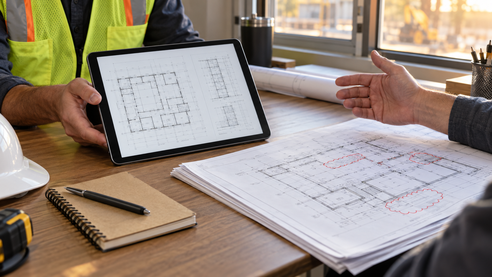 Reviewed PDF construction plan set on an iPad beside a marked paper plan and field notebook