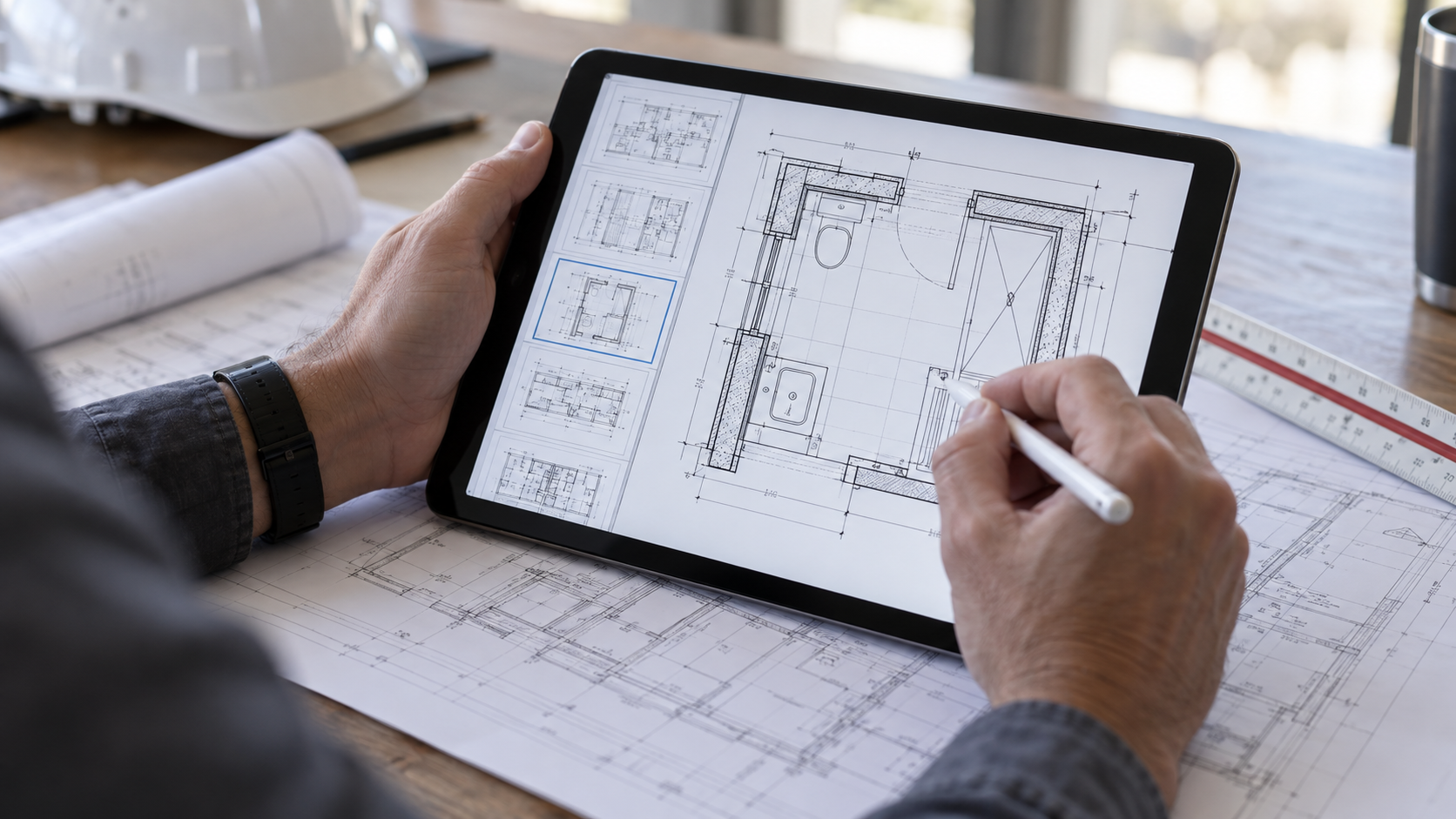 iPad showing a construction plan set with sheet thumbnails and an enlarged detail under review