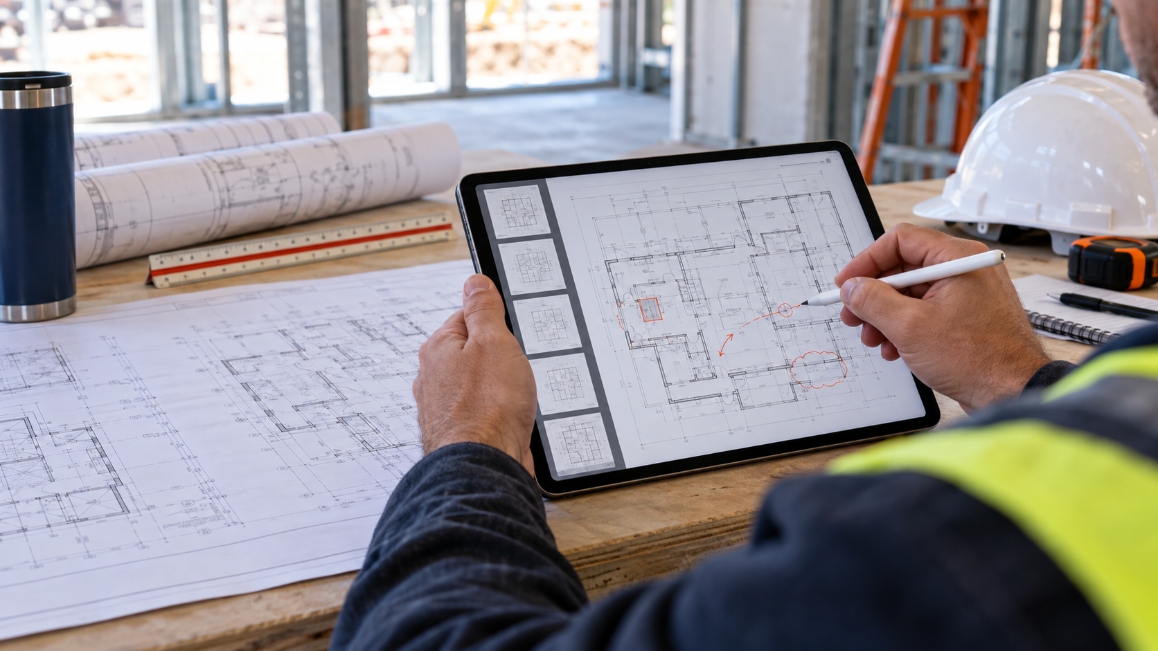 Site inspector reviewing a multipage PDF construction plan set with Apple Pencil on an iPad