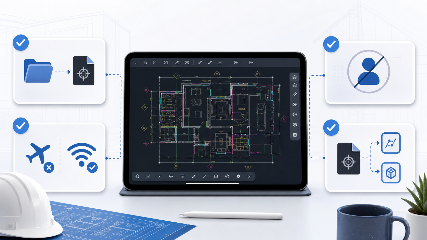 Checklist illustration for evaluating a no-account iPad DWG viewer using local open path, login friction, offline behavior, and export control
