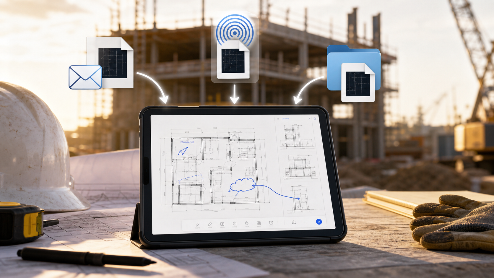 Editorial iPad field-review scene showing a local DWG, Files handoff icons, and a visible no-account decision cue