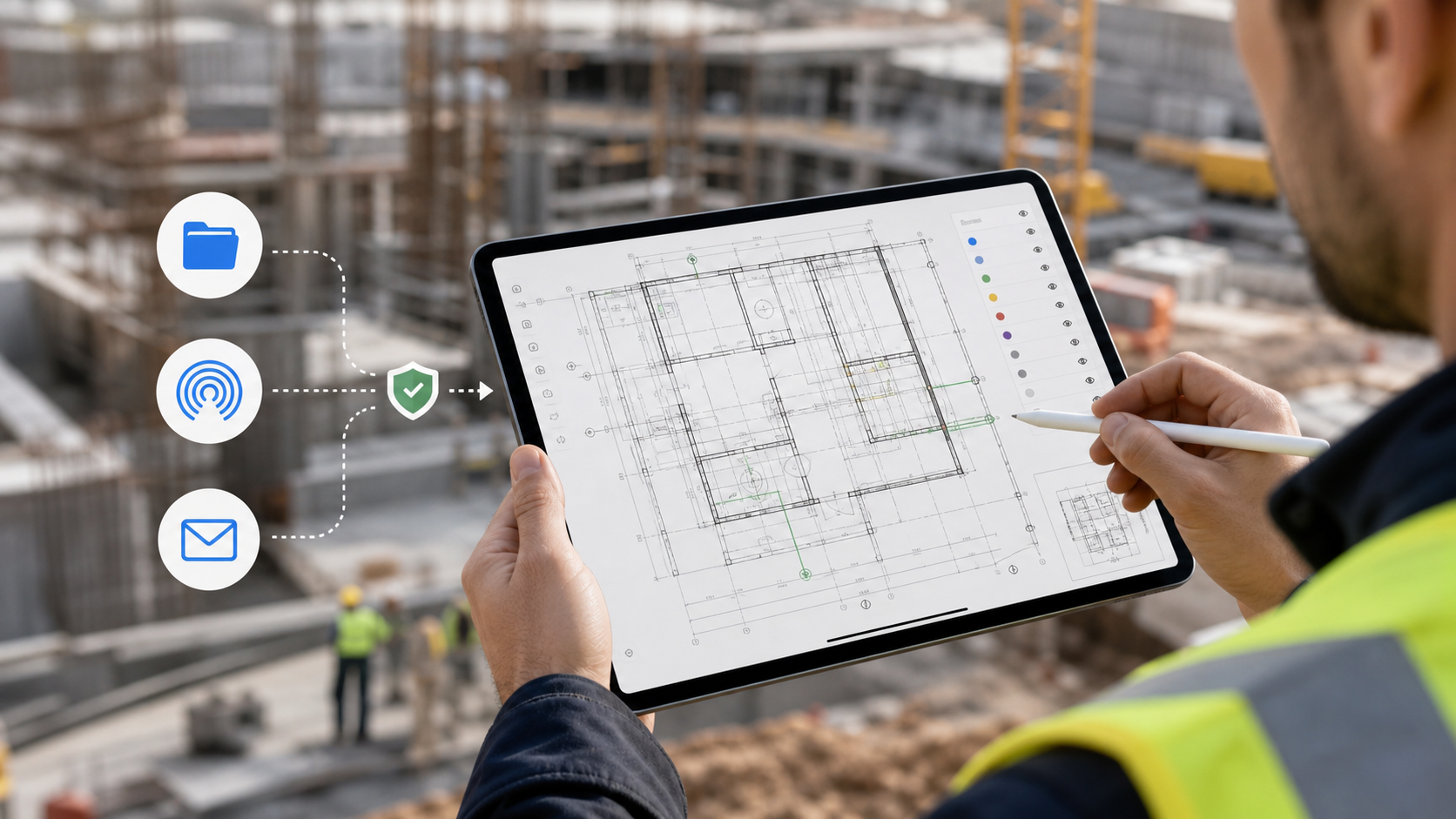 iPad opening a local DWG with a no-account badge, Files handoff cues, and field review tools visible