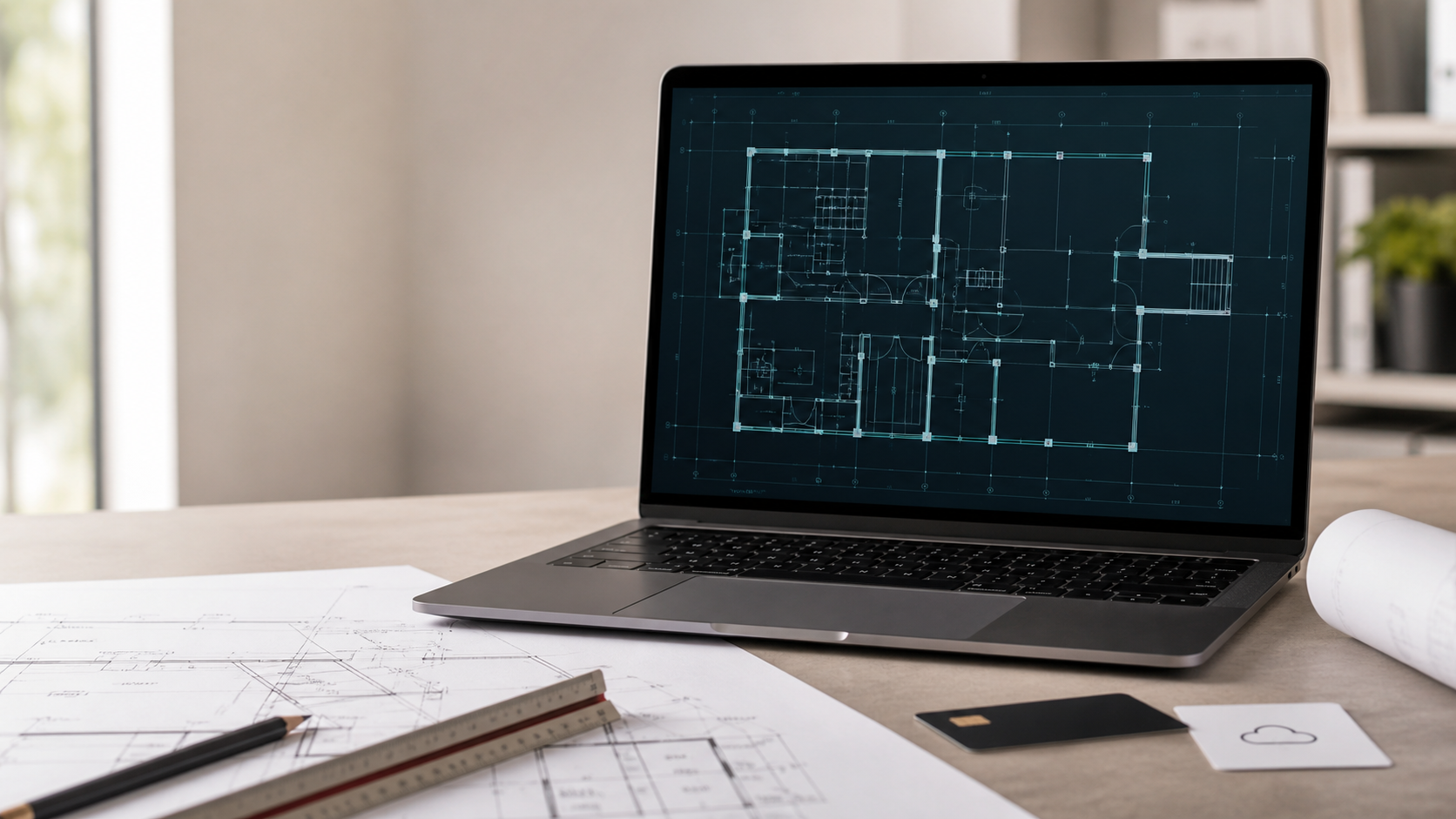 Mac reviewing a local DWG at an architecture desk without an account setup step