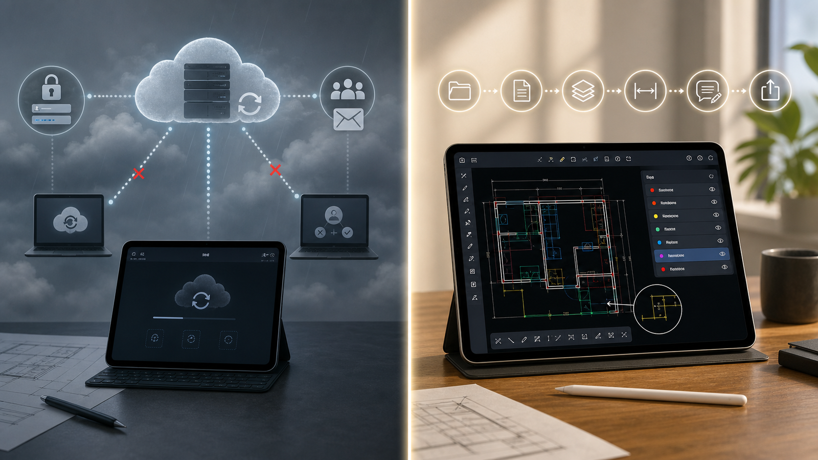 Comparison between a cloud-login CAD workflow and a no-account local DWG review workflow on iPad