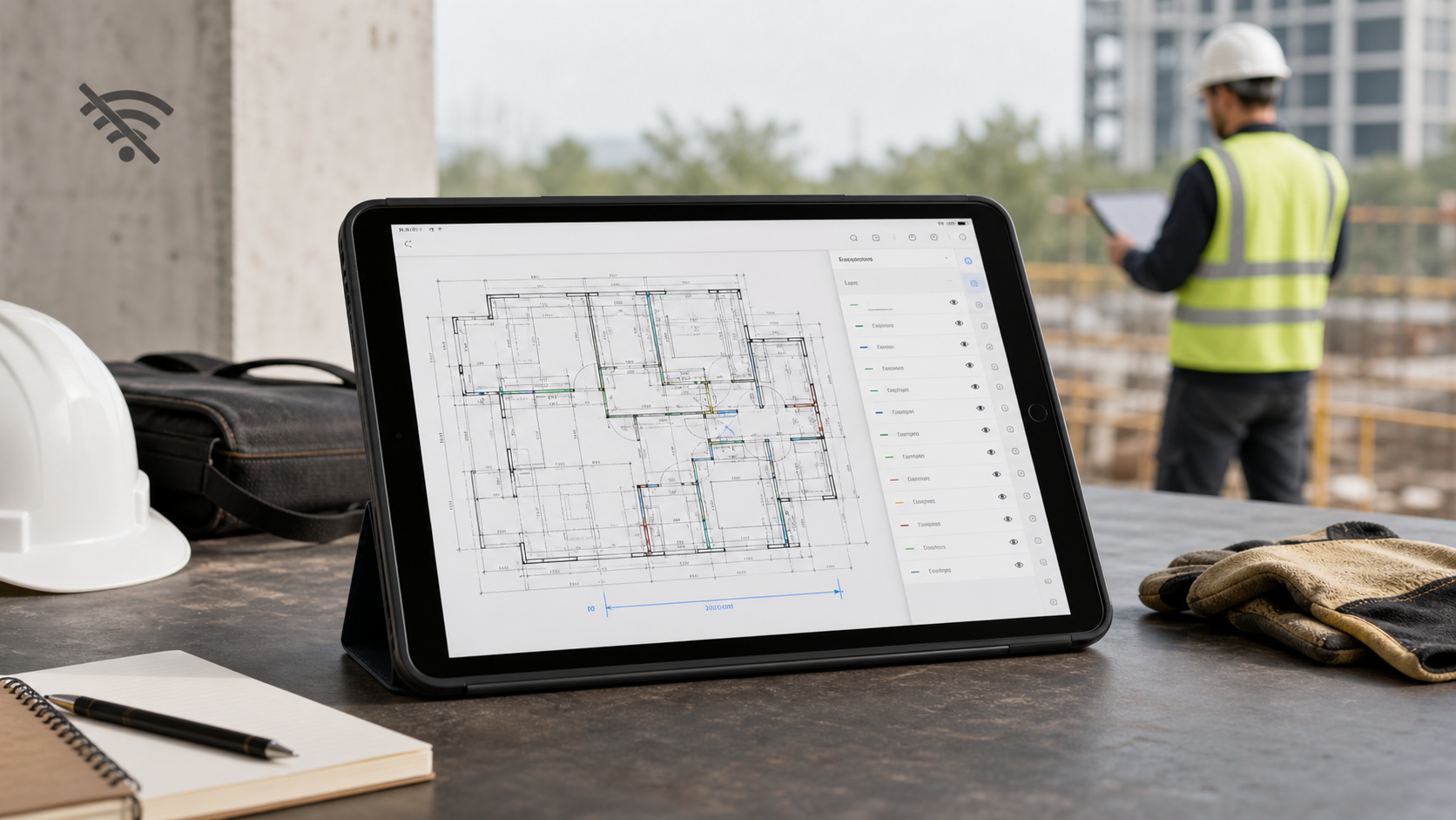 iPad showing a local DWG drawing in a low-connectivity field setting with layers and review tools visible