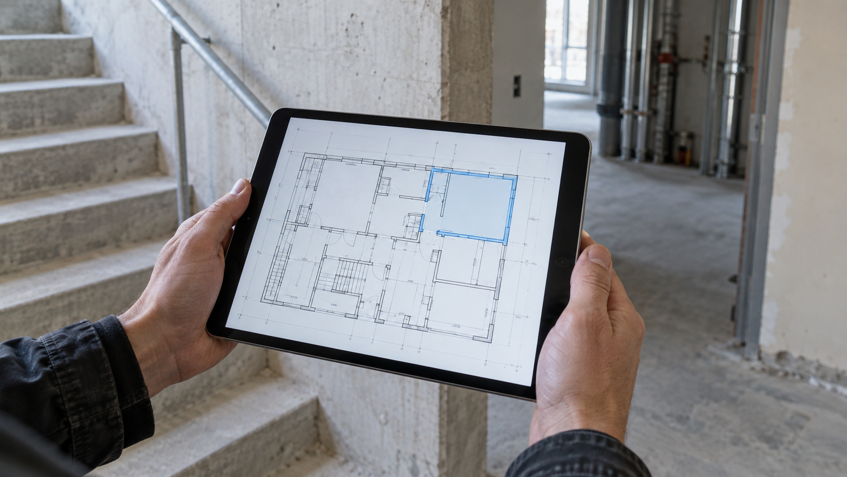 Hands holding an iPad that displays a local architectural PDF plan in an unfinished building