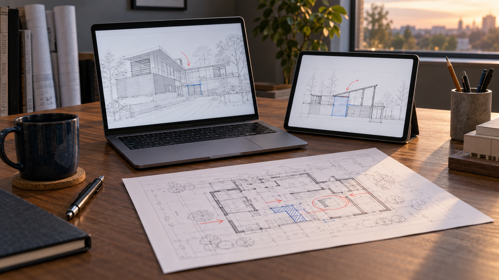 Mac, iPad, and reviewed architectural plan on a desk prepared for a deliberate project handoff