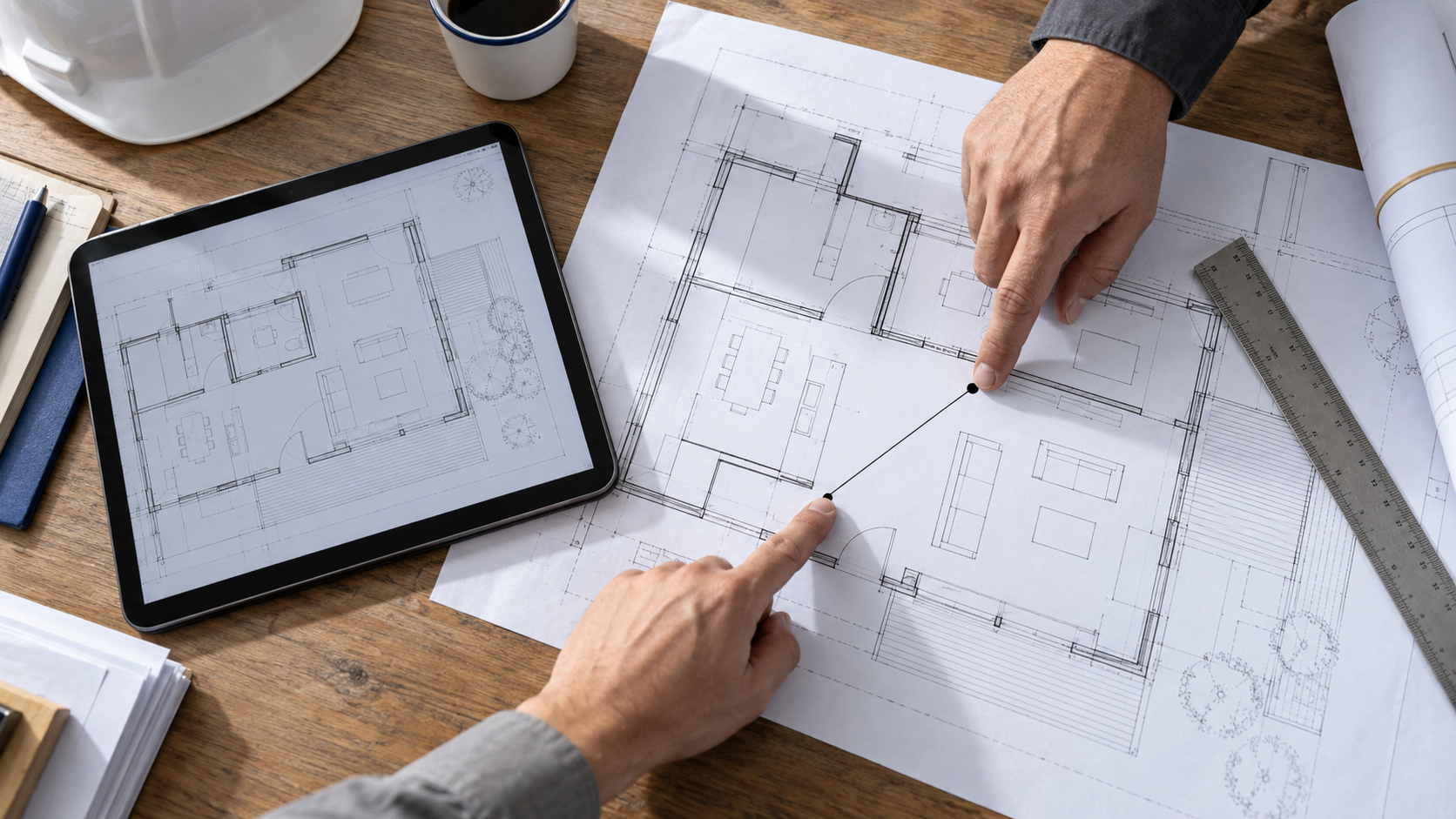Reviewers using a known plan dimension and ruler to check a construction PDF plan before measuring