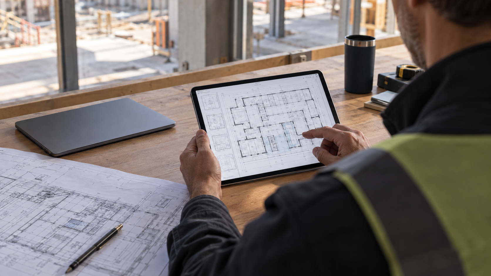 Site inspector reviewing a local PDF construction plan on an iPad at a coordination desk