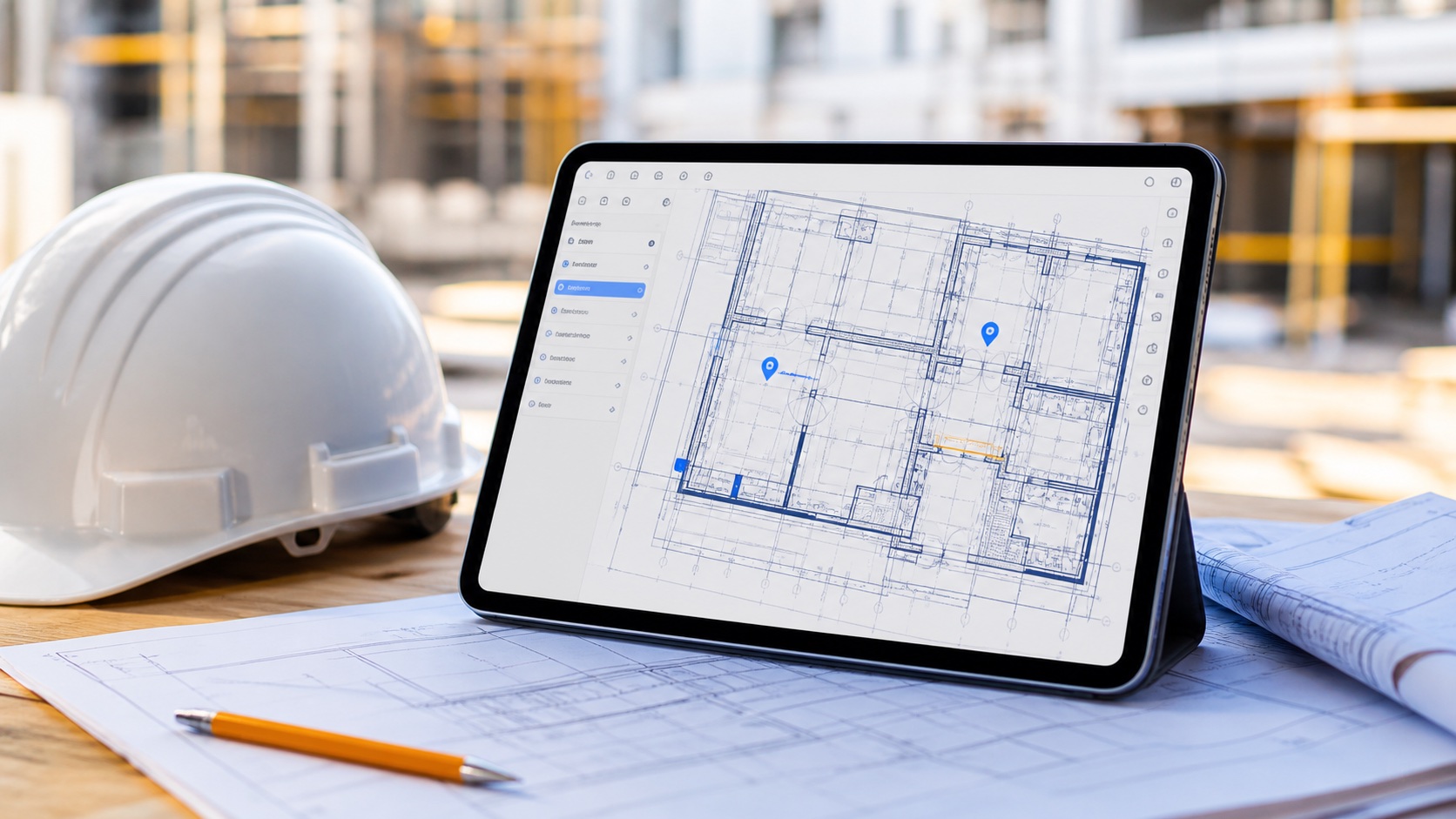 iPad displaying a DWG floor plan on a construction table
