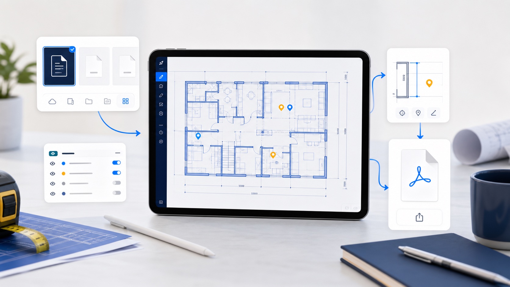 iPad workflow showing local DWG import, layer review, measurement, and report export