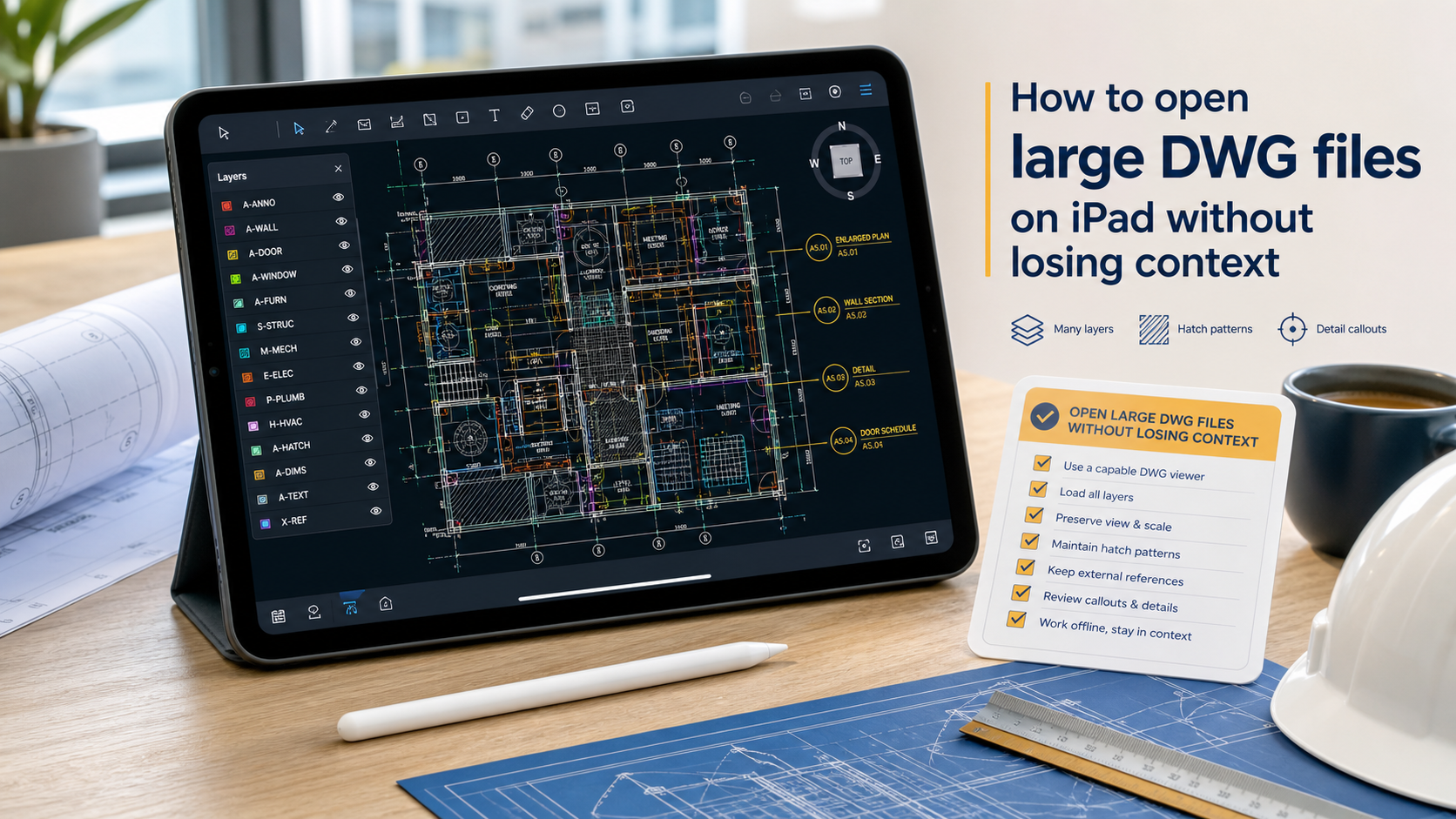 iPad displaying a dense DWG floor plan beside a practical checklist for opening large drawings without losing context