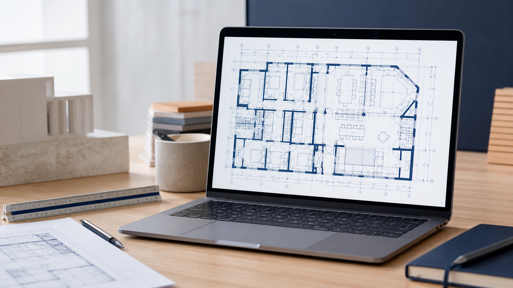 Mac displaying a dense architectural DWG clearly on an architecture studio desk
