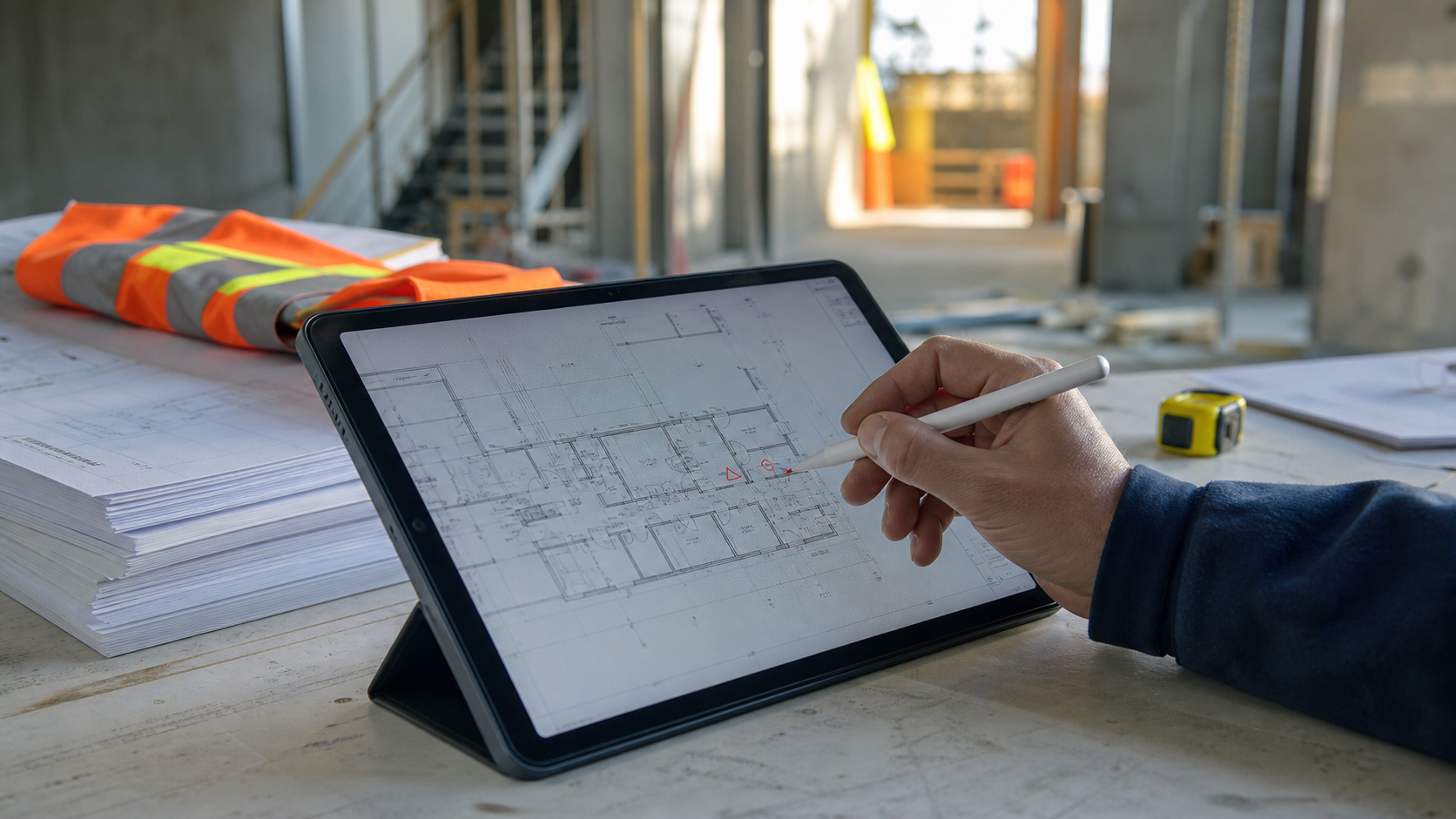 Construction professional using Apple Pencil to add a small markup to a PDF plan on iPad during a field review