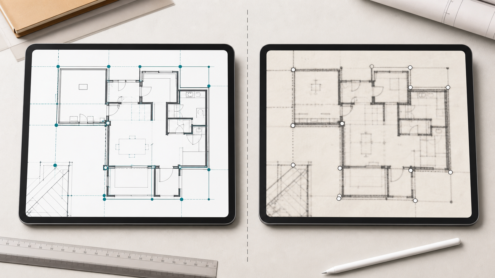 Side-by-side iPads showing a crisp vector floor plan and a softer scanned floor plan for manual measurement placement