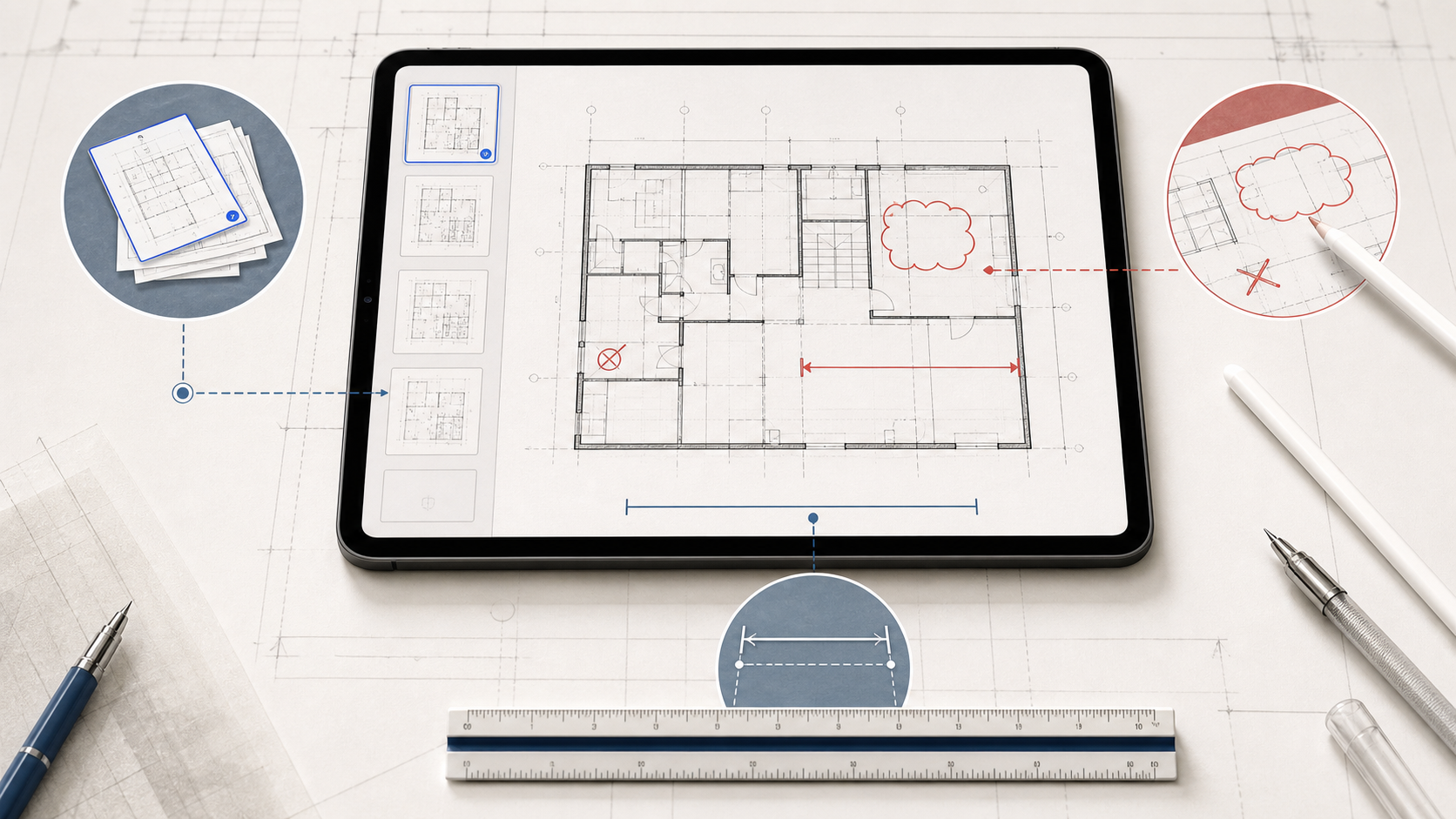 Conceptual iPad workflow showing PDF page navigation, a calibrated plan measurement, and a red review markup