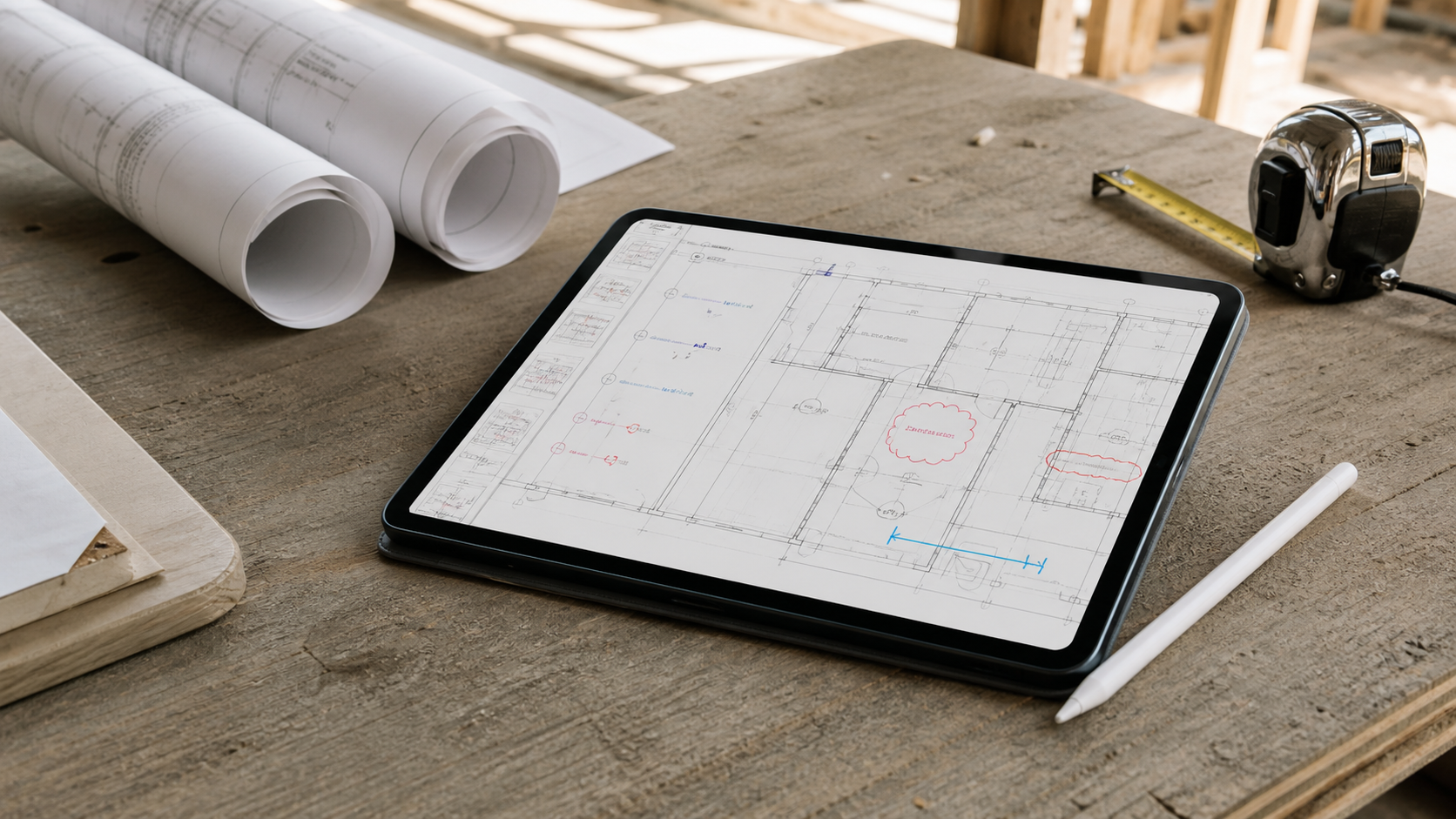 iPad reviewing a marked-up multipage PDF construction plan beside rolled drawings and a tape measure