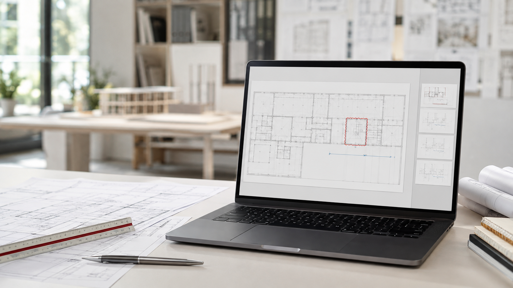 Mac laptop reviewing a multipage architectural PDF plan beside printed drawings and a scale ruler