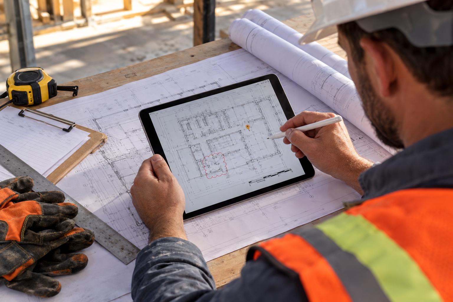 Construction professional using an iPad and stylus to review, measure, and mark up a floor plan at a field table