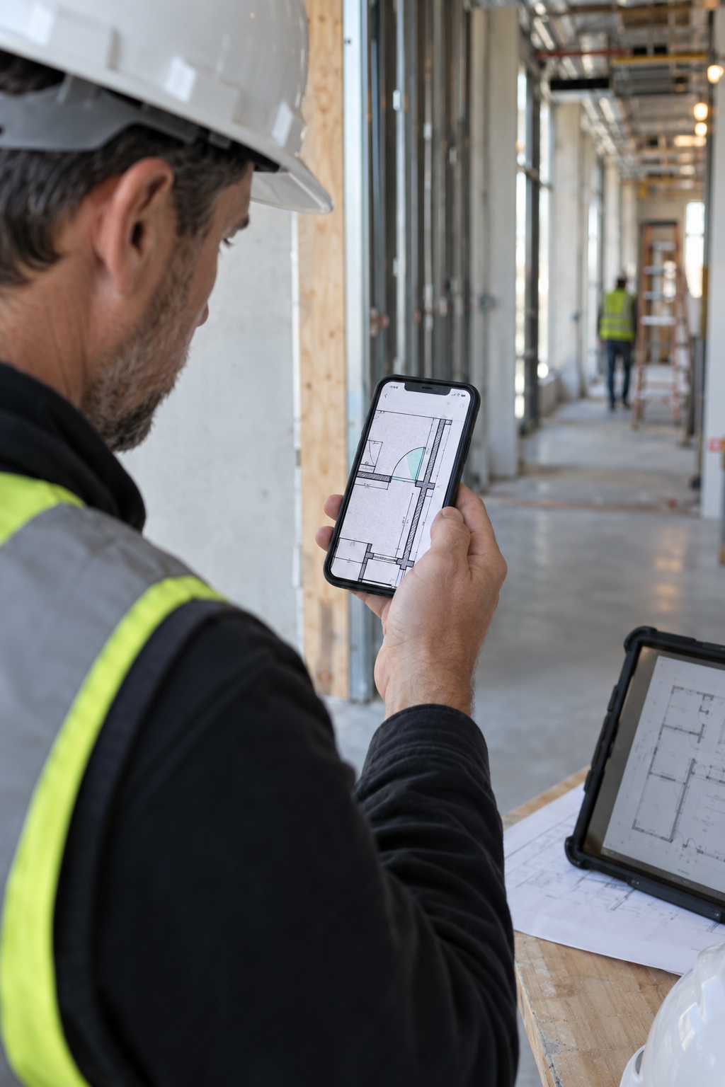 Construction supervisor reviewing one local architectural plan detail on an iPhone in a construction corridor