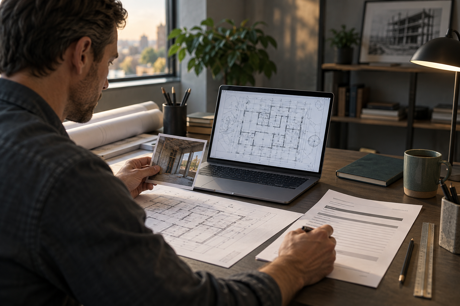 Construction coordinator comparing a reviewed plan, field photo, and handoff report on a Mac desk