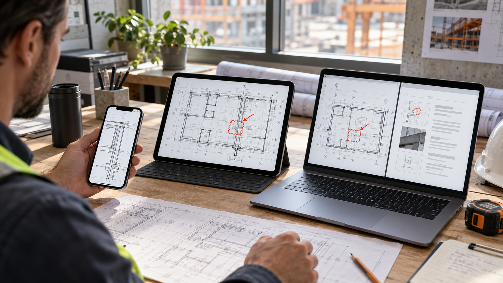 Construction professional comparing a plan across iPhone, iPad, and Mac at a review desk