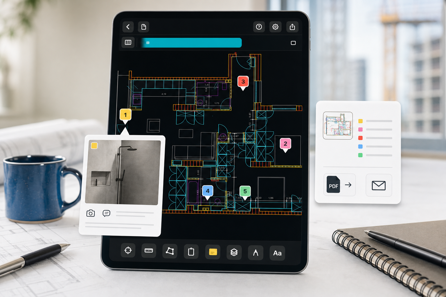 iPad showing a DWG floor plan with punch-item pins, photo notes, and a report handoff