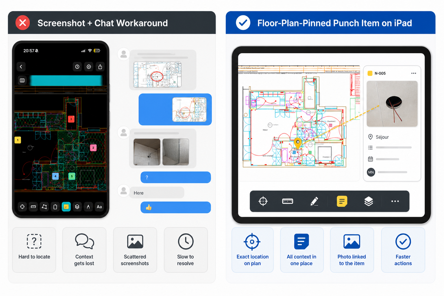 Comparison between a messy screenshot-and-chat punch workflow and a structured pinned punch item on a DWG floor plan