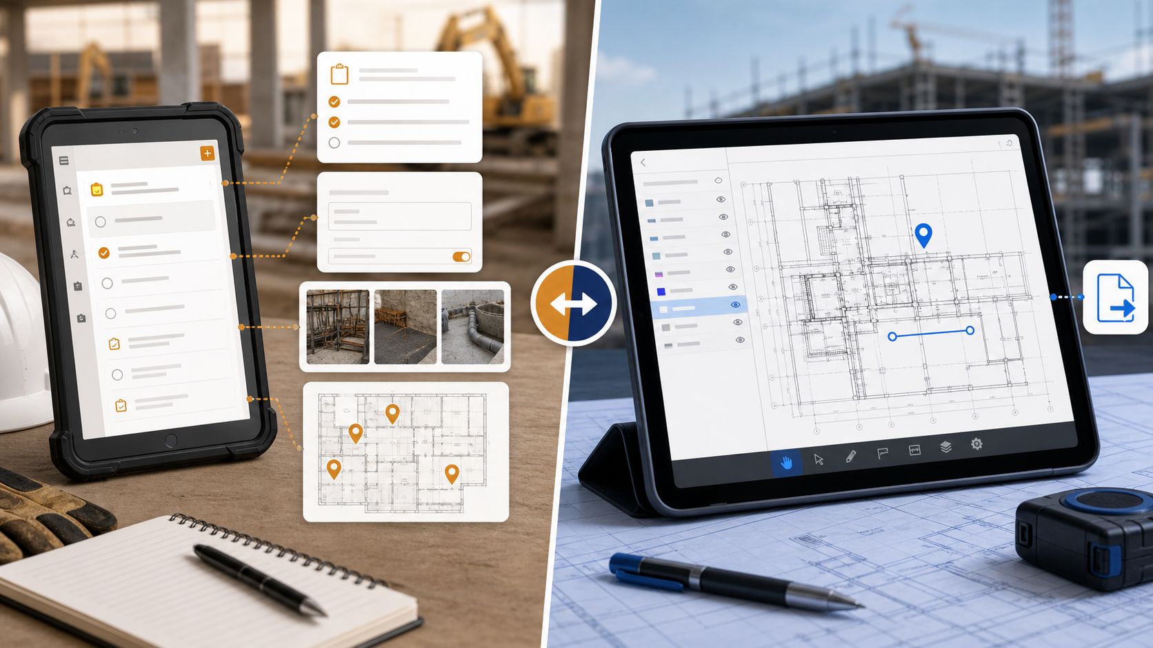 Editorial split scene comparing a task and checklist inspection platform with a drawing-first iPad DWG site inspection workflow