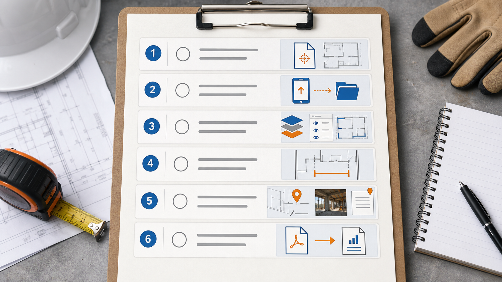 Checklist board for evaluating a CAD viewer for site inspections with local DWG import, layers, measurements, notes, photos, and export