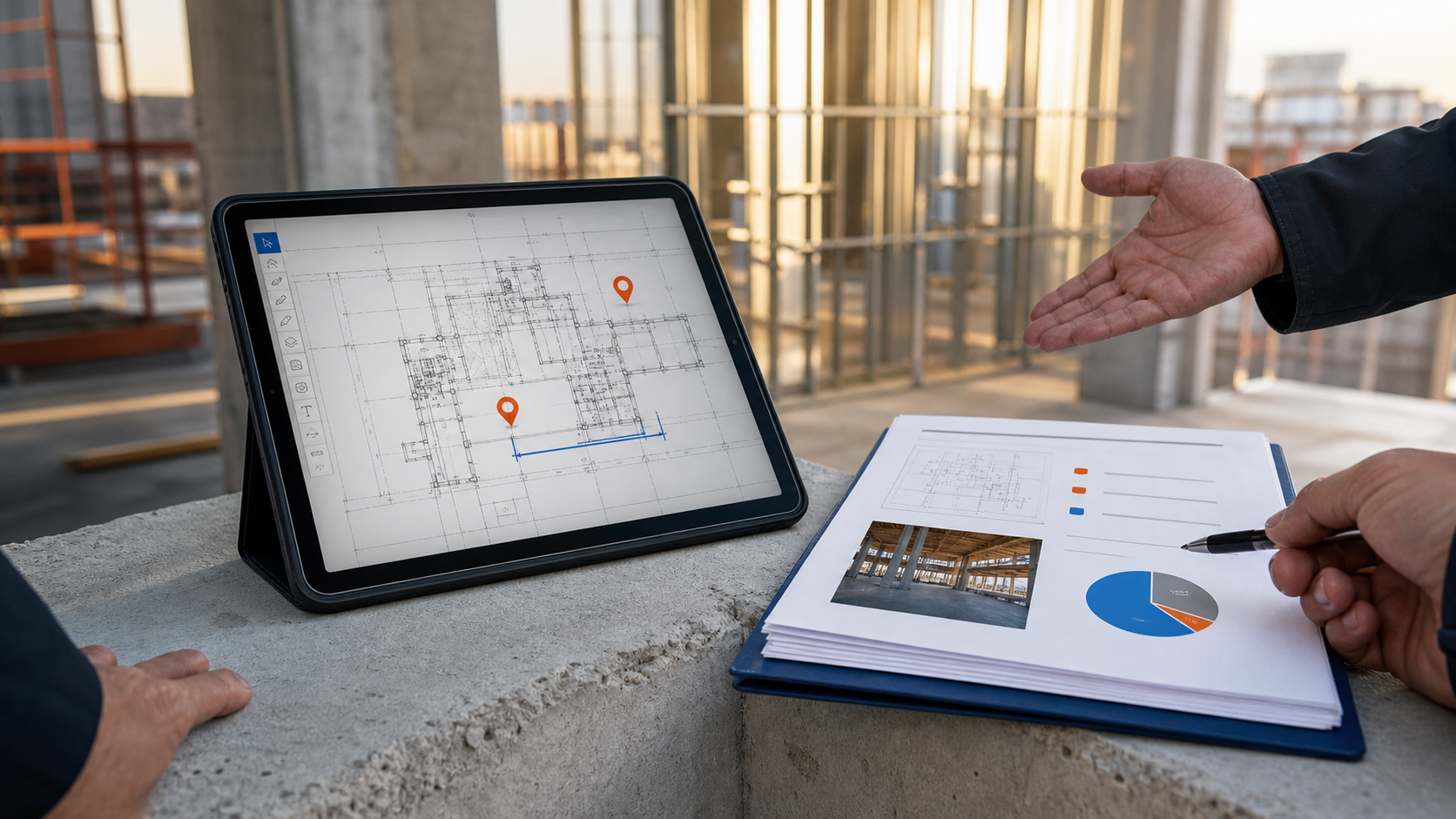 iPad field inspection workflow with a DWG plan, note pins, a measurement cue, and an export-ready report handoff