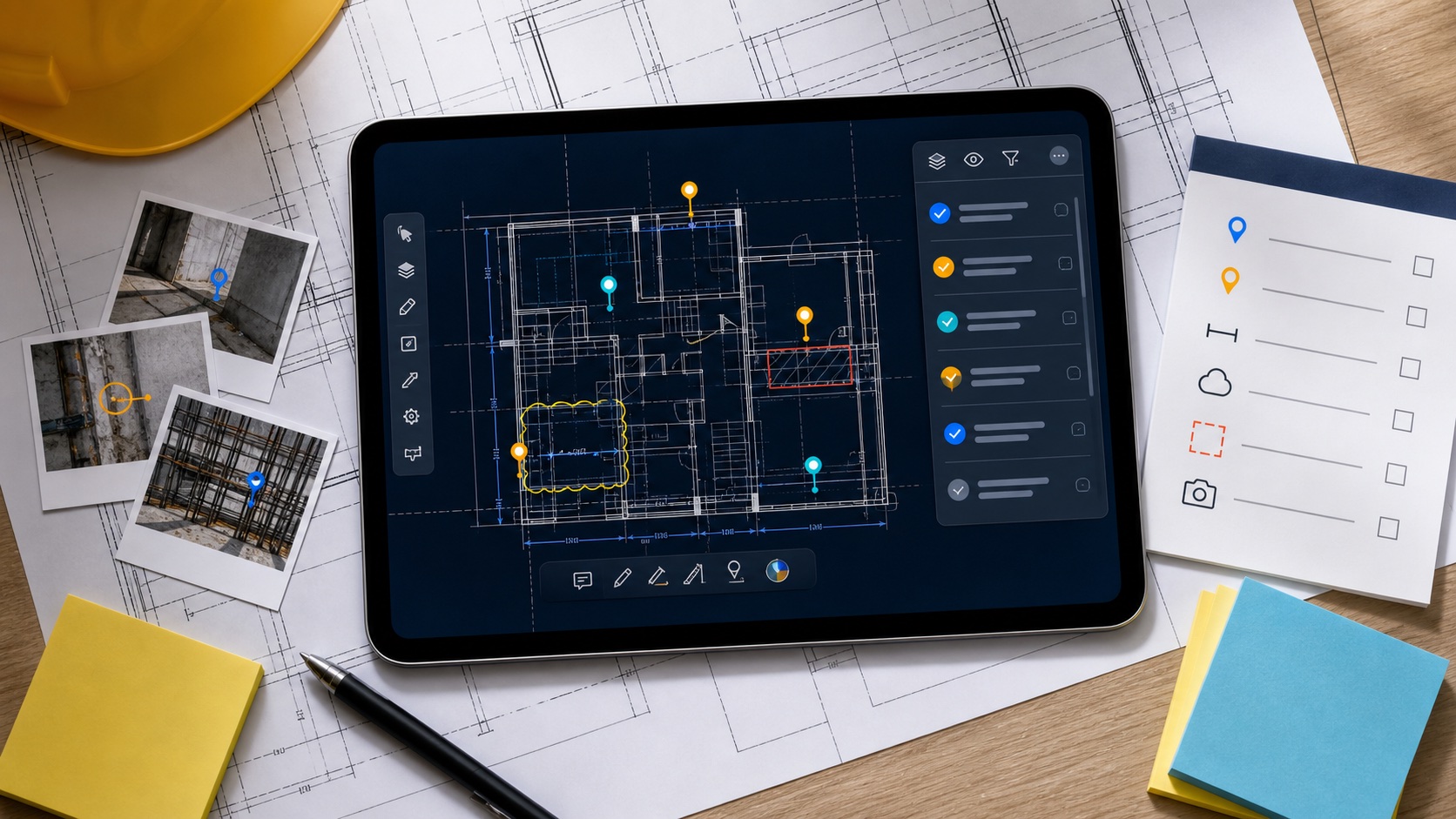 Tablet showing DWG site inspection markers, photo notes, measurements, and a checklist