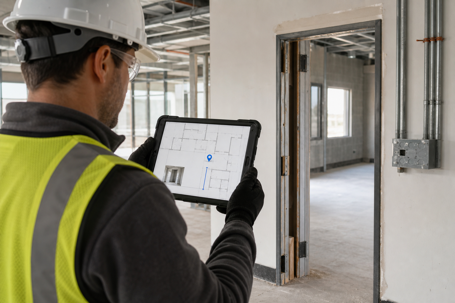 iPad used beside a construction condition with a DWG location pin, photo evidence cue, and measurement marker
