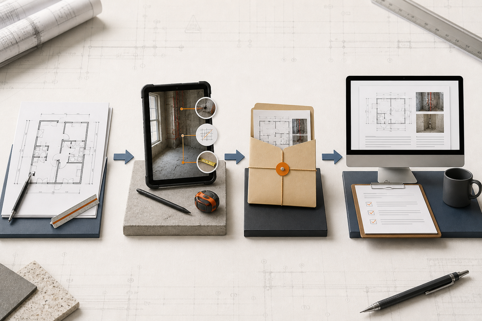 Four-stage field-to-desk workflow from a prepared DWG through iPad capture and file transfer to a Mac report
