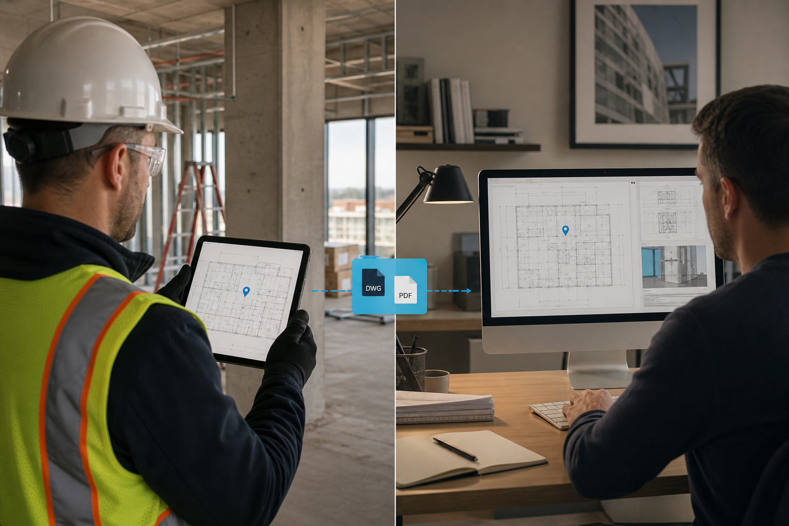 Construction reviewer capturing observations on an iPad and finishing a DWG report on a Mac
