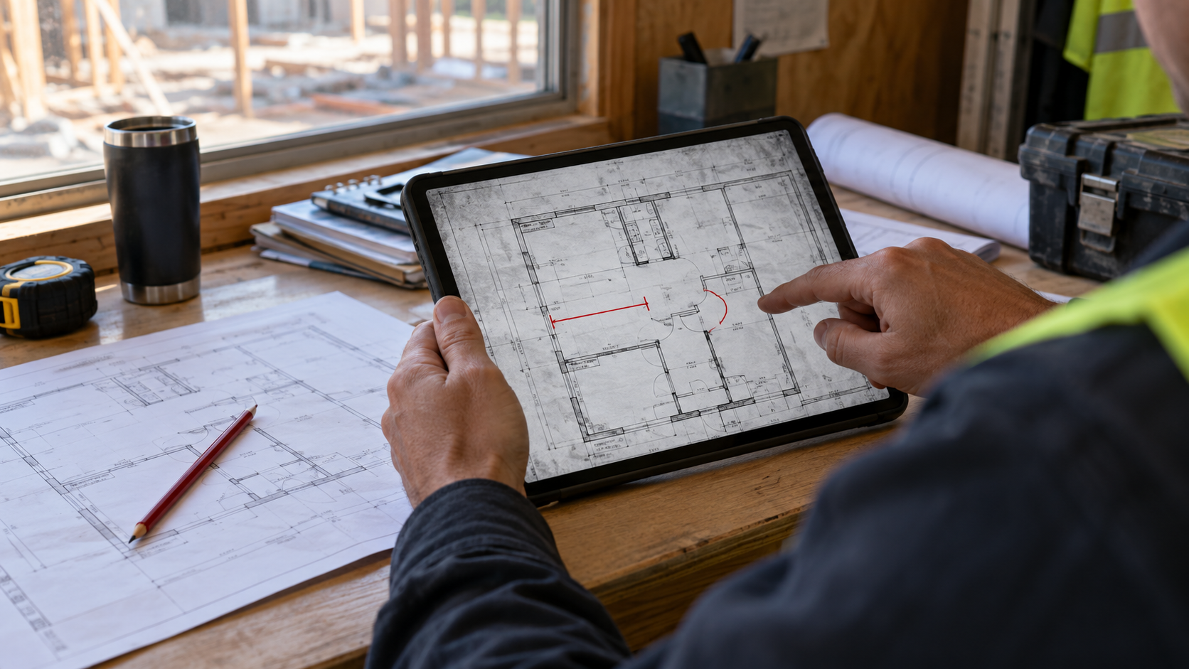 Field reviewer using a tablet to inspect and measure a textured scanned construction plan