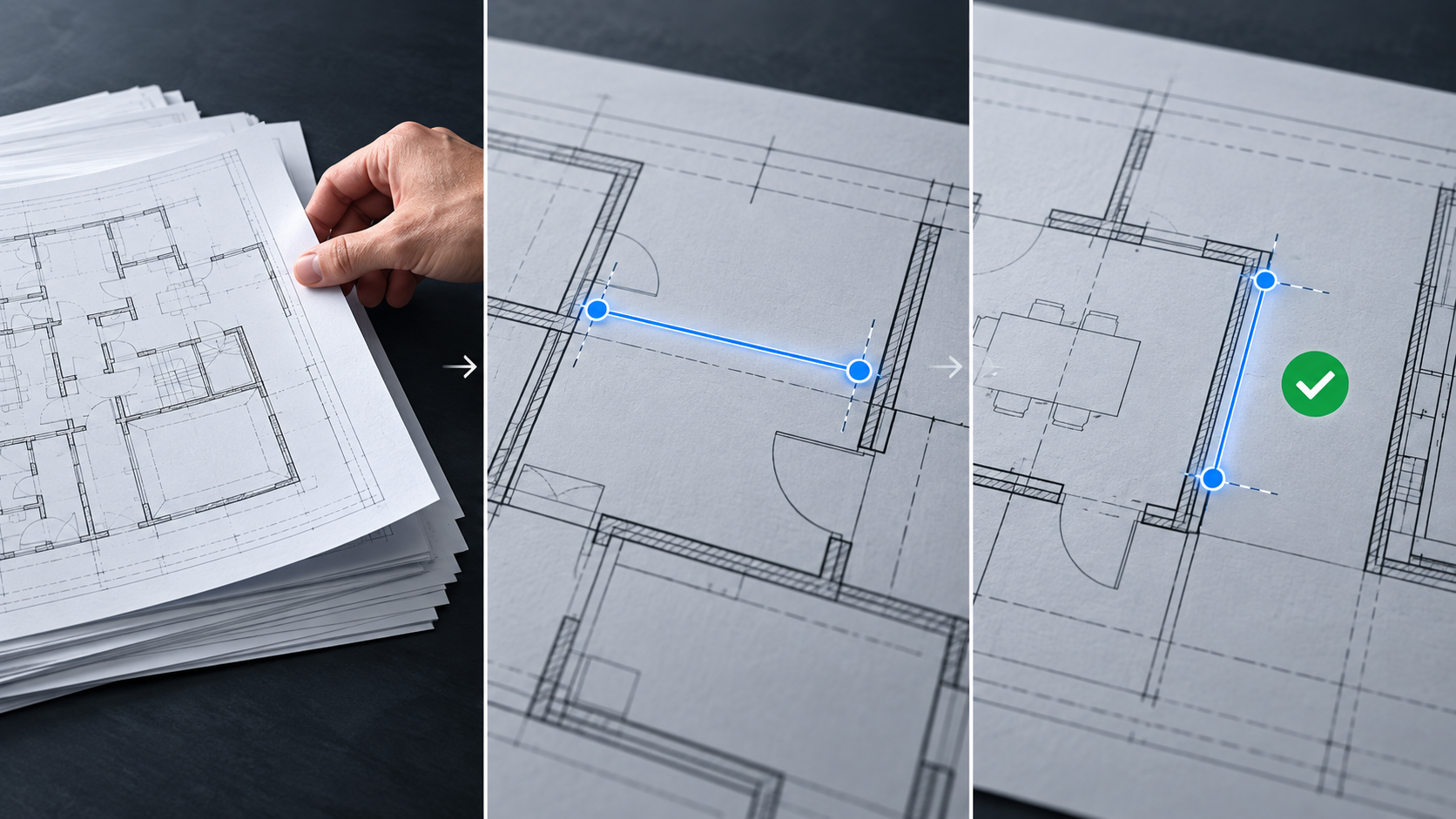 Three-part workflow showing sheet selection, two-point calibration, and a second dimension check on a plan