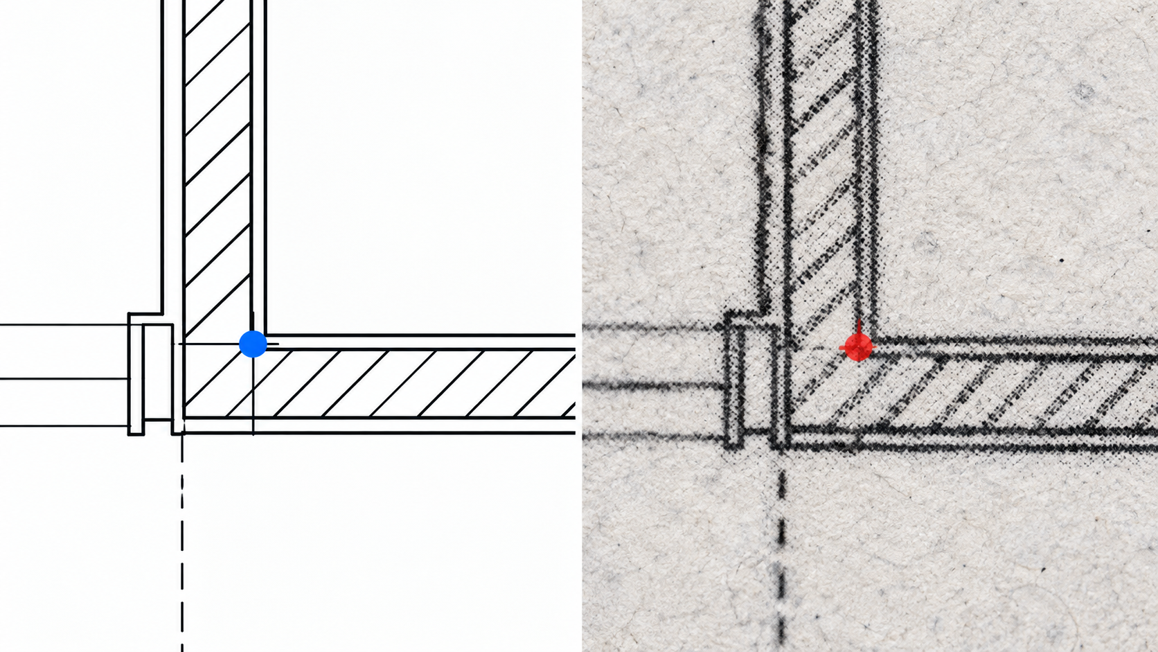 Crisp vector plan corner beside a soft scanned version of the same corner with measurement markers