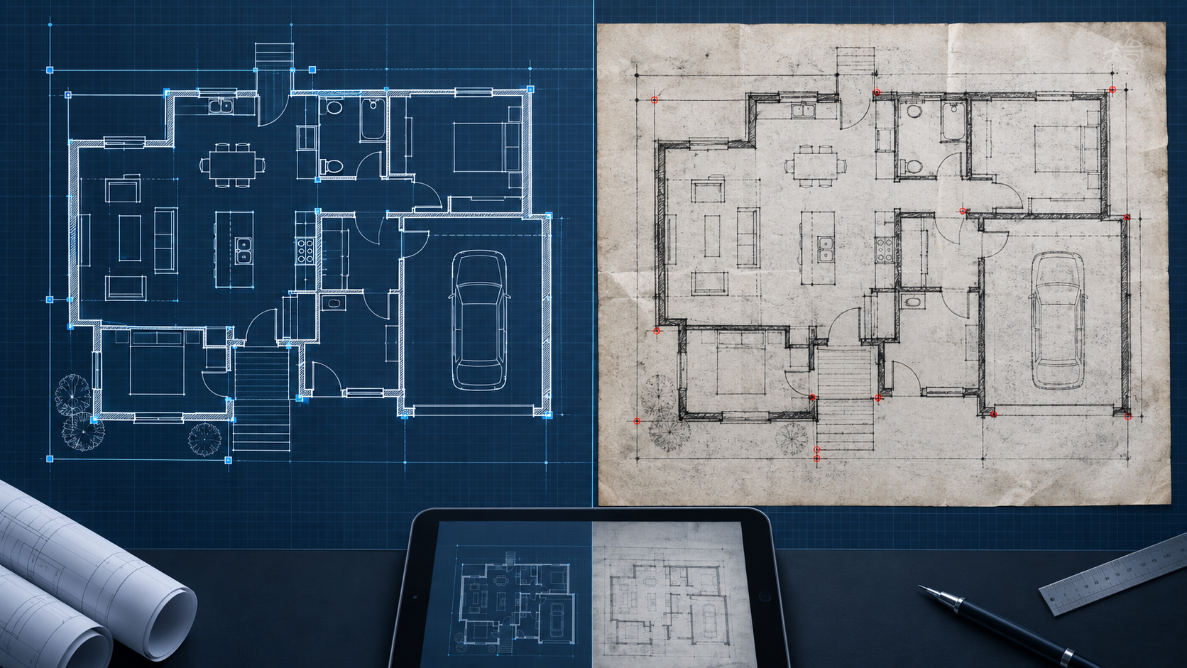 Crisp vector architectural plan beside a textured scanned plan with measurement points